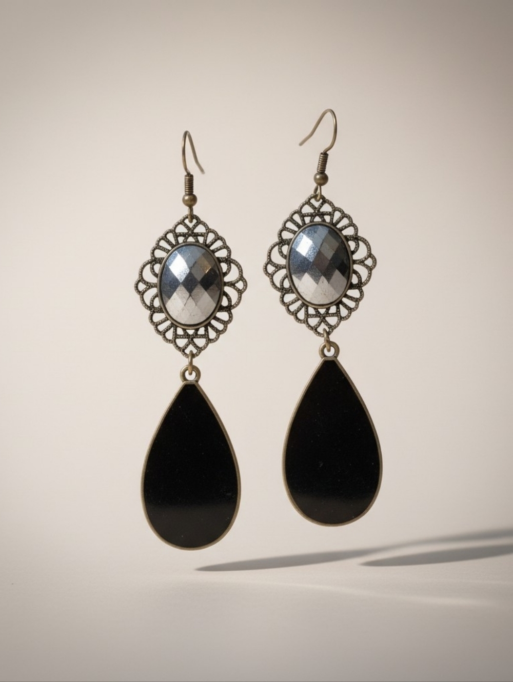 Elegant Black Teardrop Filigree Dangle Earrings